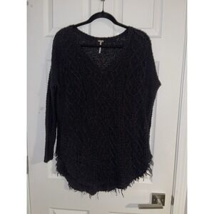 Free People Cross My Heart Tunic/Sweater Black Size Small Distressed Cable knit